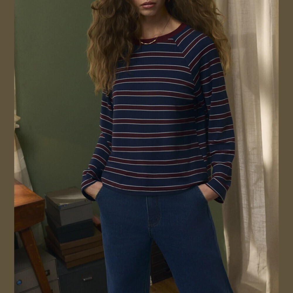 Navy Blue / Burgundy Striped Round Neck Long Sleeve Knit Tee Top